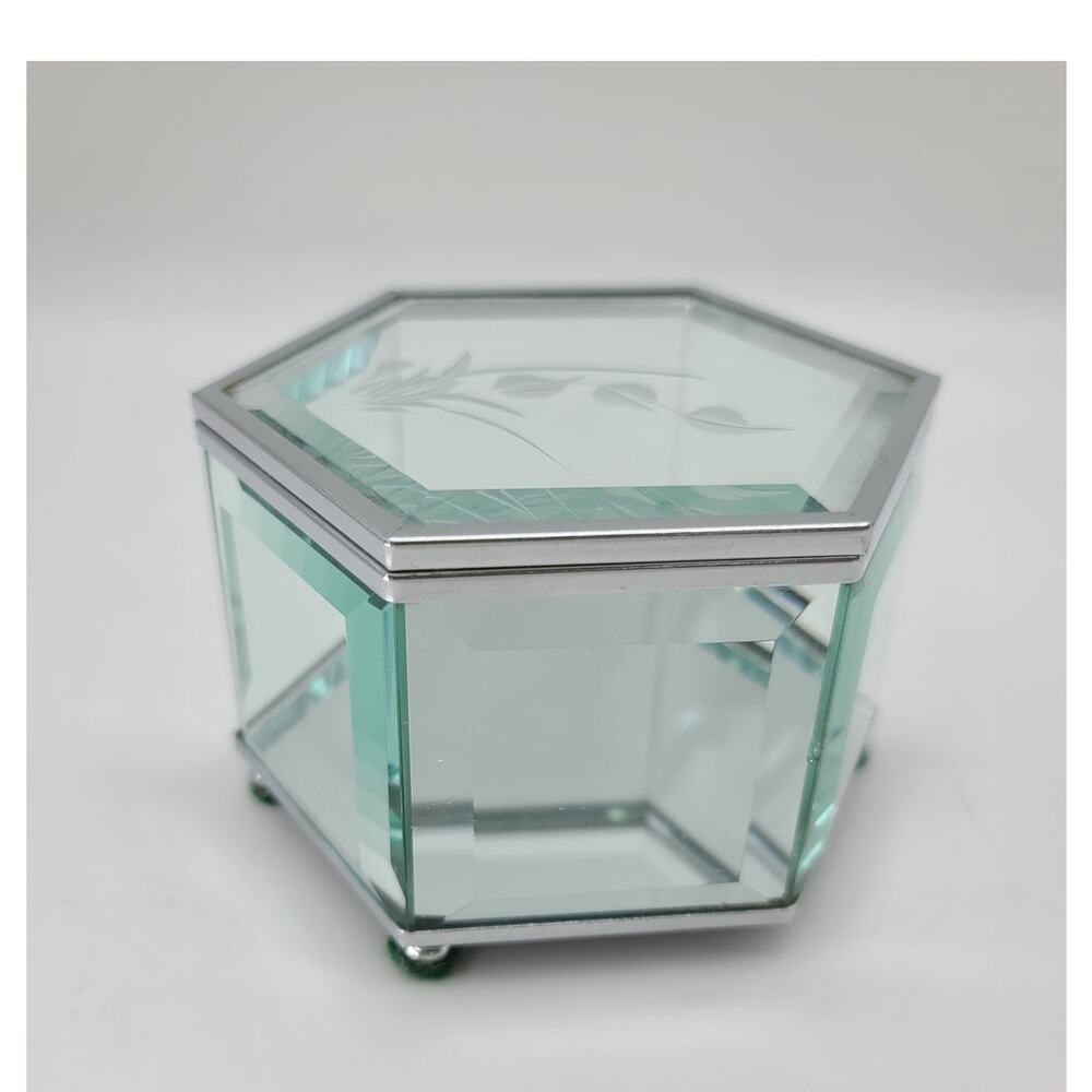 Vintage Hexagon Beveled Glass Curio Jewelry Curio Box Mirror Etched Lid Design